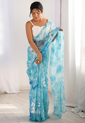 Embroidered Chinon Chiffon Scalloped Saree in Sky Blue