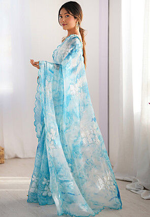 Embroidered Chinon Chiffon Scalloped Saree in Sky Blue