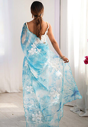 Embroidered Chinon Chiffon Scalloped Saree in Sky Blue