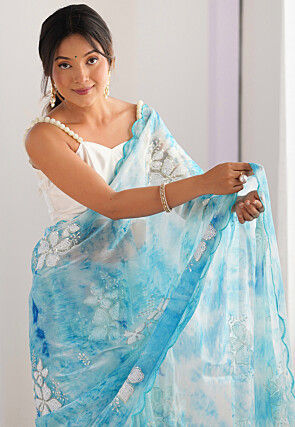 Embroidered Chinon Chiffon Scalloped Saree in Sky Blue