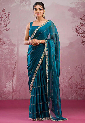 Embroidered Chinon Chiffon Scalloped Saree in Teal Blue