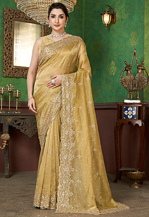 Embroidered Chinon Chiffon Scalloped Saree in Yellow