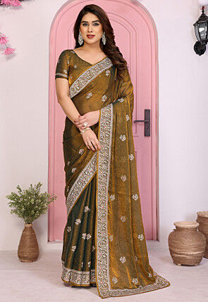 Embroidered Chinon Chiffon Shimmer Saree in Antique
