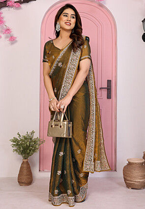 Embroidered Chinon Chiffon Shimmer Saree in Antique