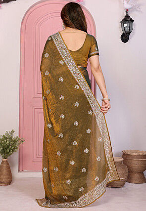 Embroidered Chinon Chiffon Shimmer Saree in Antique