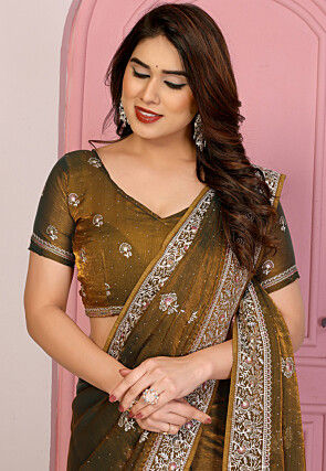 Embroidered Chinon Chiffon Shimmer Saree in Antique