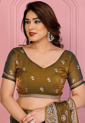 Embroidered Chinon Chiffon Shimmer Saree in Antique