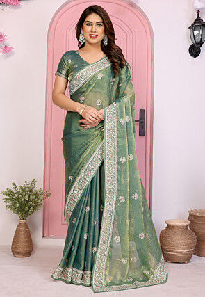 Embroidered Chinon Chiffon Shimmer Saree in Dusty Green
