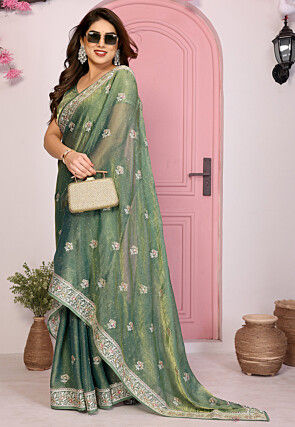 Embroidered Chinon Chiffon Shimmer Saree in Dusty Green