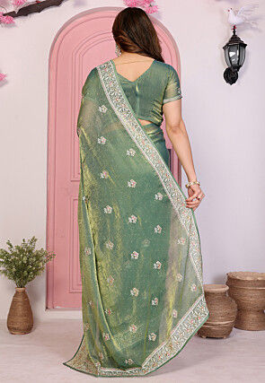 Embroidered Chinon Chiffon Shimmer Saree in Dusty Green