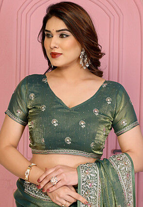 Embroidered Chinon Chiffon Shimmer Saree in Dusty Green