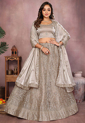 Embroidered Chinon Chiffon Silk Lehenga in Light Grey