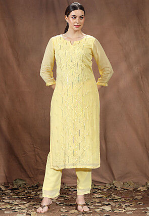 Embroidered Chinon Chiffon Straight Kurta in Yellow