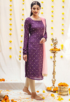 Embroidered Chinon Chiffon Straight Suit in Purple