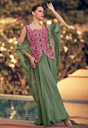 Embroidered Chinon Chiffon Top Set in Fuchsia