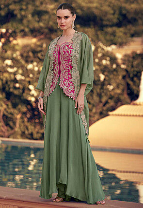 Embroidered Chinon Chiffon Top Set in Fuchsia