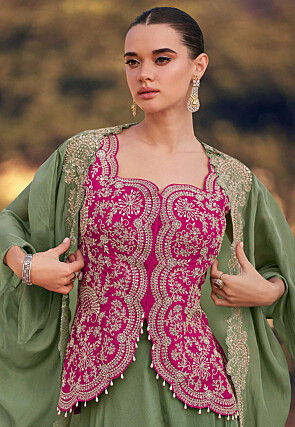 Embroidered Chinon Chiffon Top Set in Fuchsia