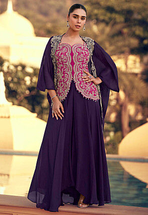 Embroidered Chinon Chiffon Top Set in Fuchsia