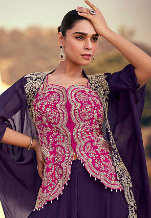 Embroidered Chinon Chiffon Top Set in Fuchsia
