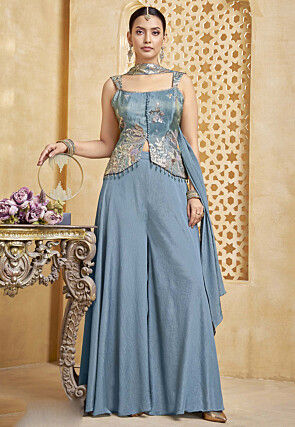 Embroidered Chinon Chiffon Top Set in Grey