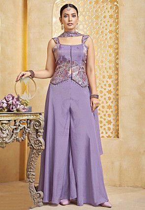 Embroidered Chinon Chiffon Top Set in Purple