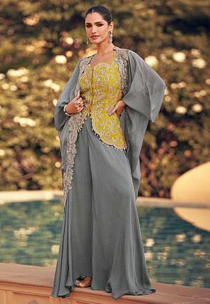 Embroidered Chinon Chiffon Top Set in Yellow