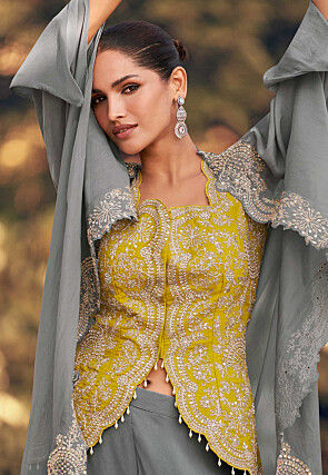 Embroidered Chinon Chiffon Top Set in Yellow