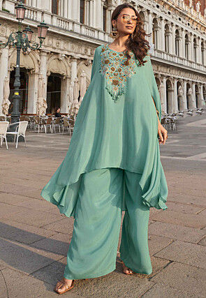 Embroidered Chinon Chiffon Tunic Set in Green