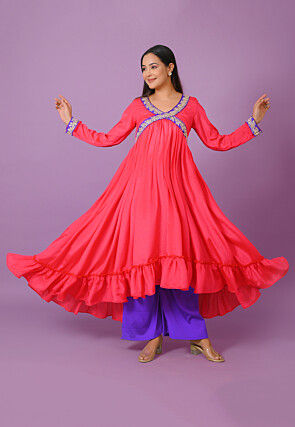 Embroidered Chinon Crepe Aline Kurta Set in Coral Pink