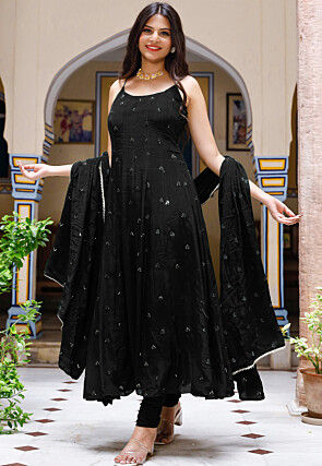 Embroidered Chinon Crepe Anarkali Suit in Black