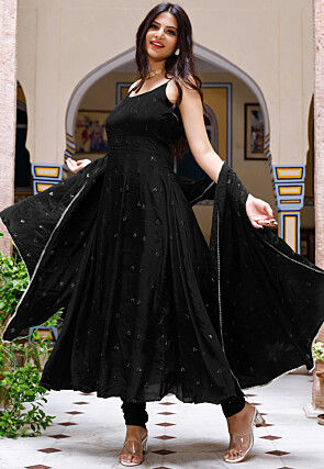 Embroidered Chinon Crepe Anarkali Suit in Black