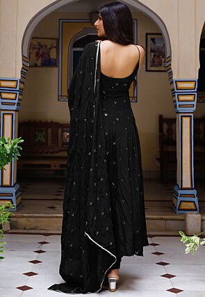 Embroidered Chinon Crepe Anarkali Suit in Black
