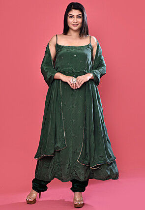 Embroidered Chinon Crepe Anarkali Suit in Dark Green