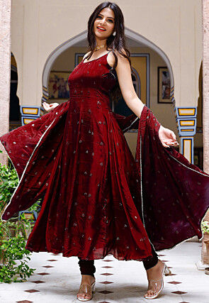 Embroidered Chinon Crepe Anarkali Suit in Maroon