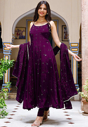Embroidered Chinon Crepe Anarkali Suit in Purple