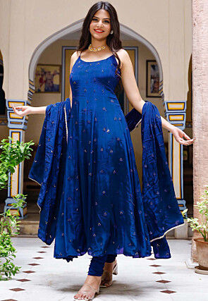 Embroidered Chinon Crepe Anarkali Suit in Royal Blue