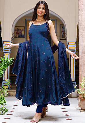 Embroidered Chinon Crepe Anarkali Suit in Royal Blue