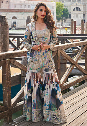 Embroidered Chinon Crepe Crop Top Set in Grey and Blue