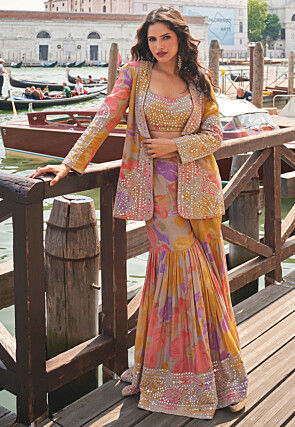 Embroidered Chinon Crepe Crop Top Set in Multicolor