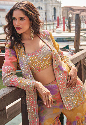 Embroidered Chinon Crepe Crop Top Set in Multicolor