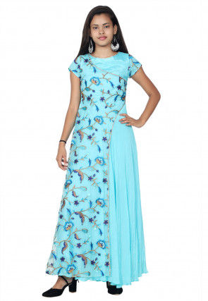 Embroidered Chinon Crepe Flap Style Asymmetric Kurta in Sky Blue