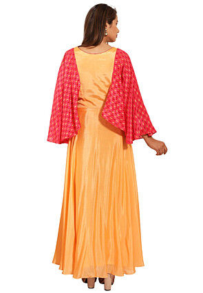 Embroidered Chinon Crepe Gown in Peach