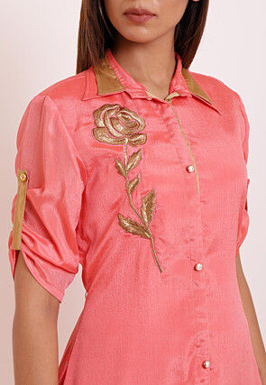 Embroidered Crepe High Low Kurti in Dark Peach