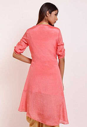 Embroidered Crepe High Low Kurti in Dark Peach