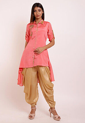 Embroidered Crepe High Low Kurti in Dark Peach
