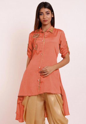 Embroidered Chinon Crepe High Low Kurti in Peach