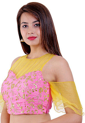 Embroidered Chinon Crepe Padded Blouse in Pink and Yellow