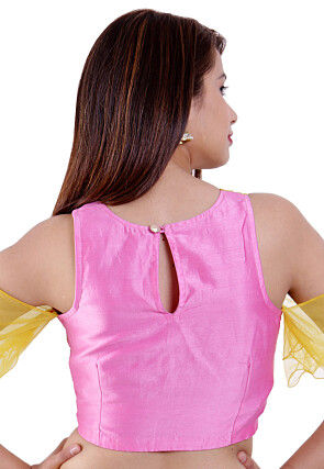 Embroidered Chinon Crepe Padded Blouse in Pink and Yellow