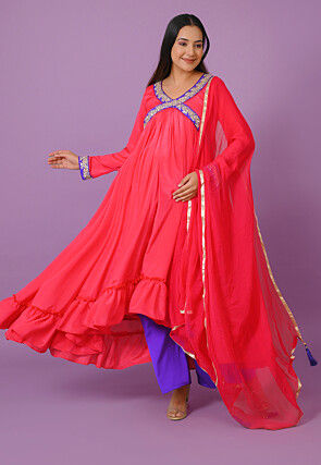 Embroidered Chinon Crepe Pakistani Suit in Coral Pink