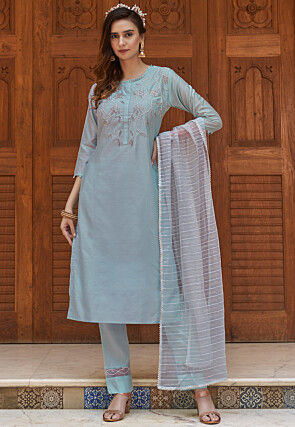 Embroidered Chinon Crepe Pakistani Suit in Grey